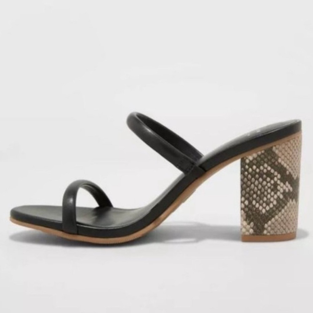 Black Strap Snakeskin Block Heels Sandals